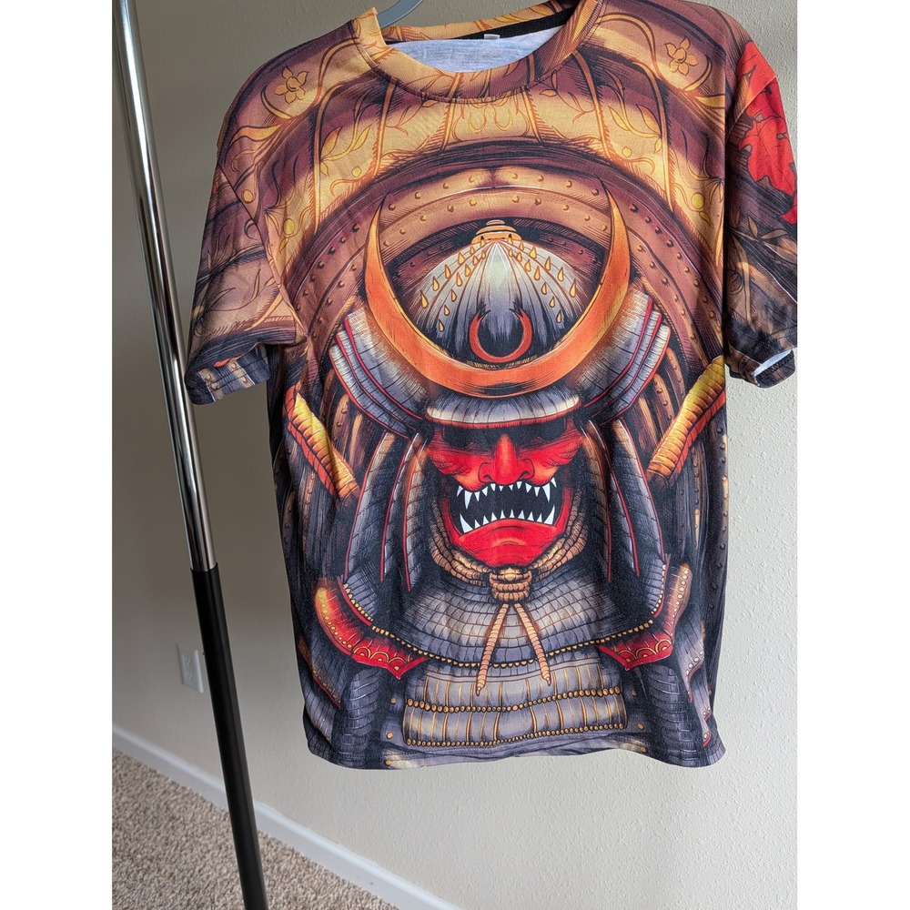 Mens Samurai Oni Mask All Over Print Graphic T-Shirt Red Gold Japanese Warrior M